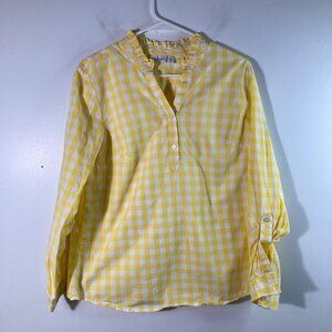 Womens Kim Rogers Petite V Neck Ruffle Gingham1/2 Button Pullover Shirt PM Yello
